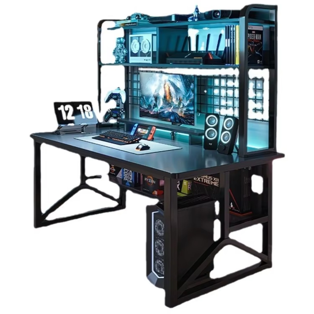 Esports Gaming School - モダンで耐久性のあるメタル+MDF製eスポーツゲーミングデスク、収納ラック付き、Y字型脚と改良された構造